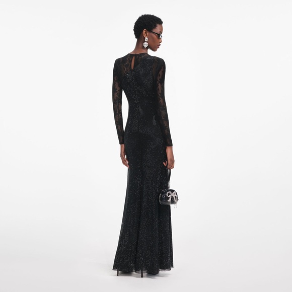 BLACK RHINESTONE LACE SLEEVES MAXI DRESS $ 1050 NEW - Picture 3 of 5